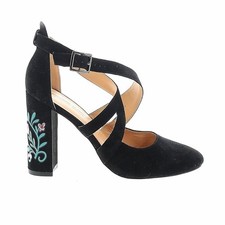 American Glamour Badgley Mischka  high heeled black suede shoes floral sz 6