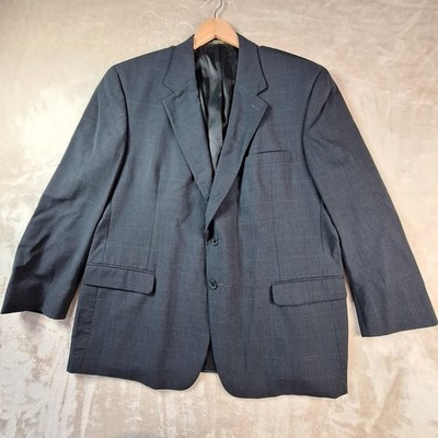 Tom James Blazer Mens 48R Dark Gray Blue Windowpane Wool Two Button Sport Coat