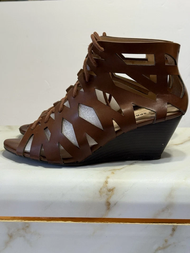 Call It Spring Gladiator Wedge Sandals Women's Sz 7.5 Tan Strappy Lace Up - Image 2 of 4