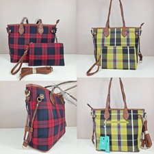 Tartan Check Tote Bag & Wristlet, Brown Faux Leather Trim, Multi Pockets, Zip