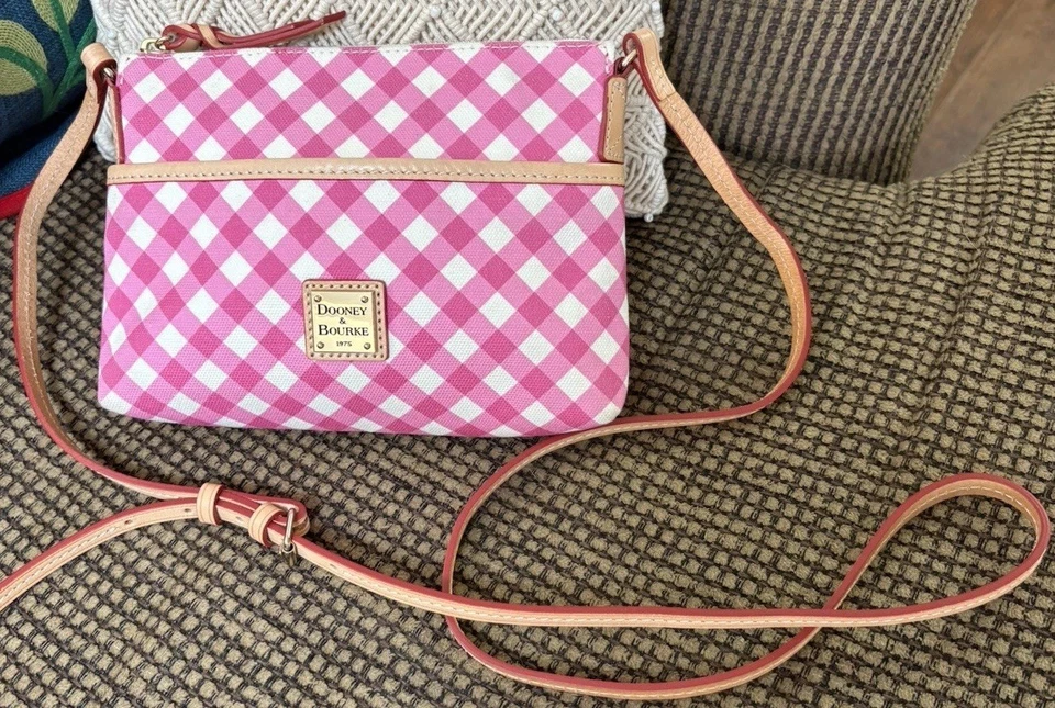 Dooney Bourke Pink & White Gingham & Vacchetta Leather Checked Crossbody Bag - Image 3 of 4