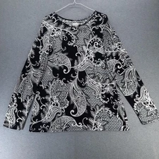 Chico's Shirt Womens  2 US L Black White Paisley Long Sleeve Rayon Lyocell Knit