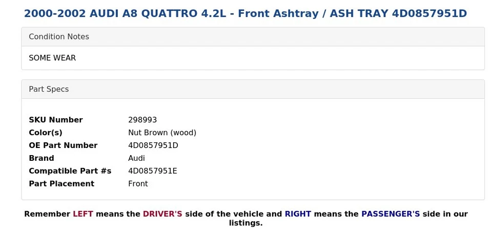 AUDI A8 QUATTRO 2000-2002 4,2 L - Cenicero delantero / Bandeja de cenizas 4D0857951D Foto 4 de 4