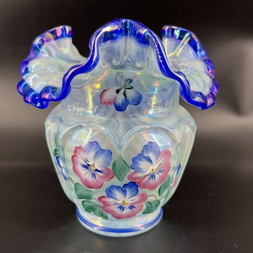 Fenton Glass Open-Heart Arches Vase Iridescent Blue Crest Pansies Nicholas Kopp