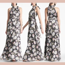 New $285 Sachin Babi [ 20W ] Kayla Halter Maxi Chiffon Gown Ebony Garden  U1544
