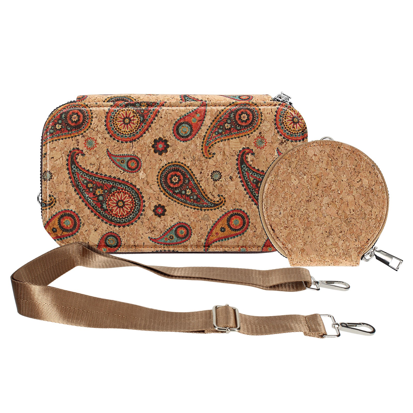 Pochette en liège bandoulière idéale pour vos balades et sorties avec double poche zip