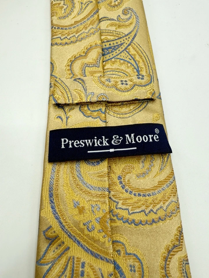 Corbata Preswick and Moore 100 % seda cachemira amarilla y azul para hombre hecha a mano Foto 2 de 4