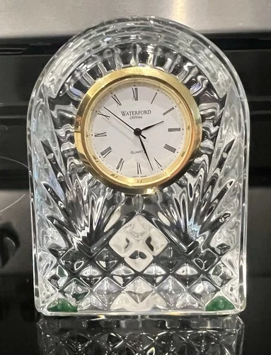Waterford Vintage Small Arched Crystal Gold Rim Mantel Clock 3.5” Tall New Batt