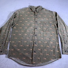 Woolrich Shirt Mens Large Green Trout Fish Print Button Front Long Sleeve Casual