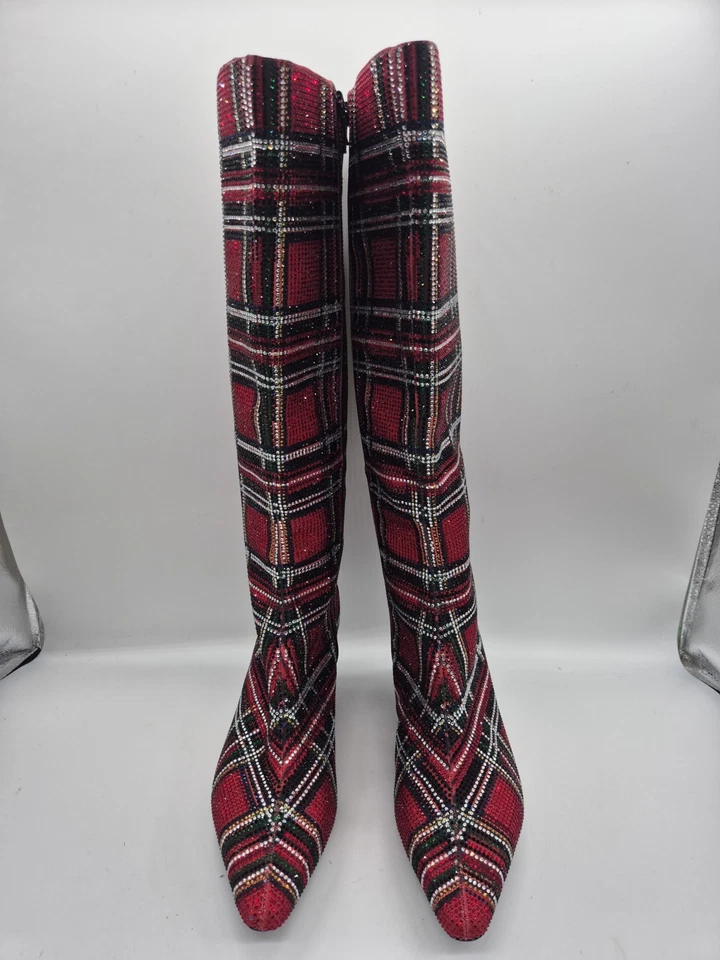 Botas para mujer Alex Marie talla 6 rojas a cuadros hasta la rodilla punta de gatito en punta Foto 2 de 4