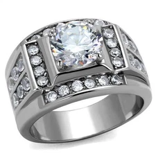 Men's Ring, Clear CZ, Stainless Steel, Sparkling, Bold Design, Statement Ring