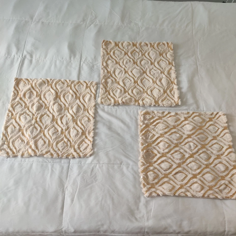 3 Gold Sequin Embroidered, Beige Faux Fur, Decorative Throw Pillow Covers 18x18 - Image 3 of 4