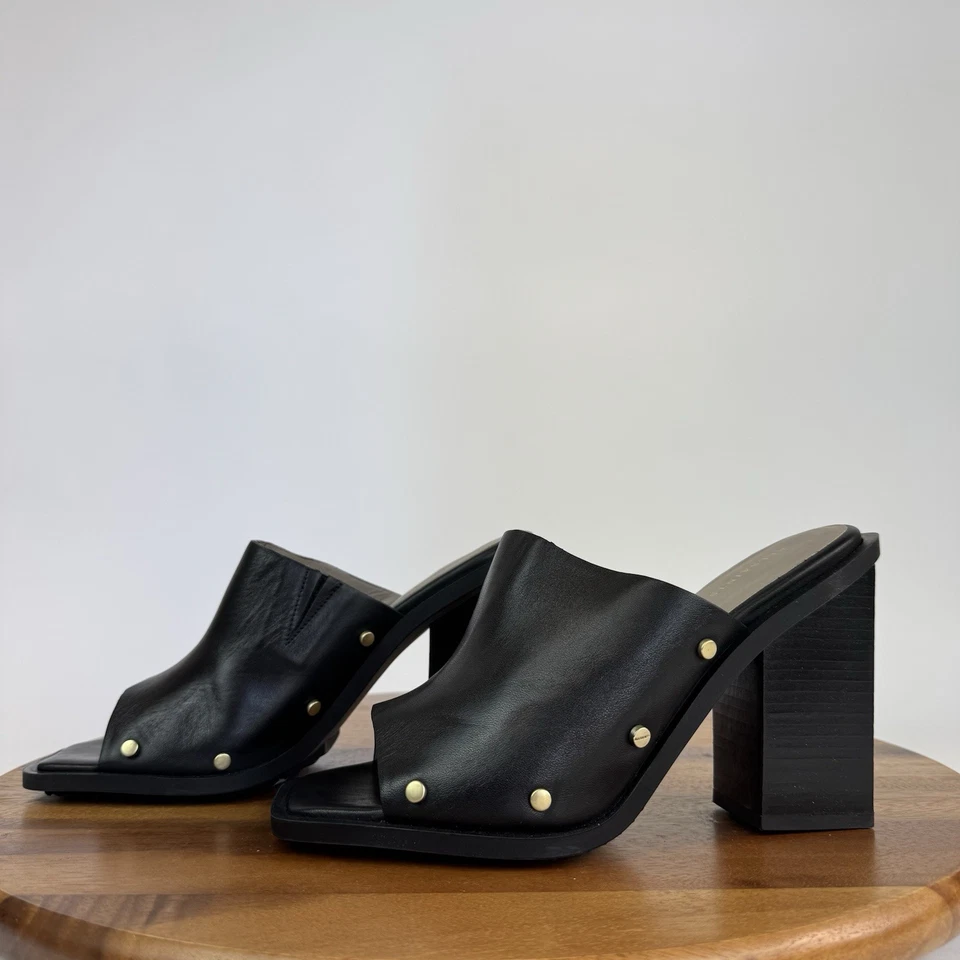 con defectos Nuevo sin caja Para Mujer Allsaints Kelly Cuero Negro Sin cordones Mules Tacón Bloque Foto 2 de 4