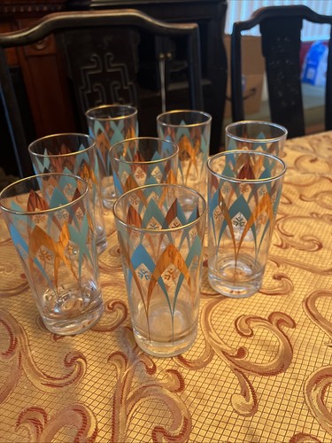 Vintage MCM 50’s Teal, White, Gold Atomic Trinkgläser 5,4 Zoll. 8 in einem Set