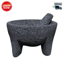 8.6 inch Molcajete Mortar and Pestle, Mexican Handmade with Lava Stone,Herb Bowl