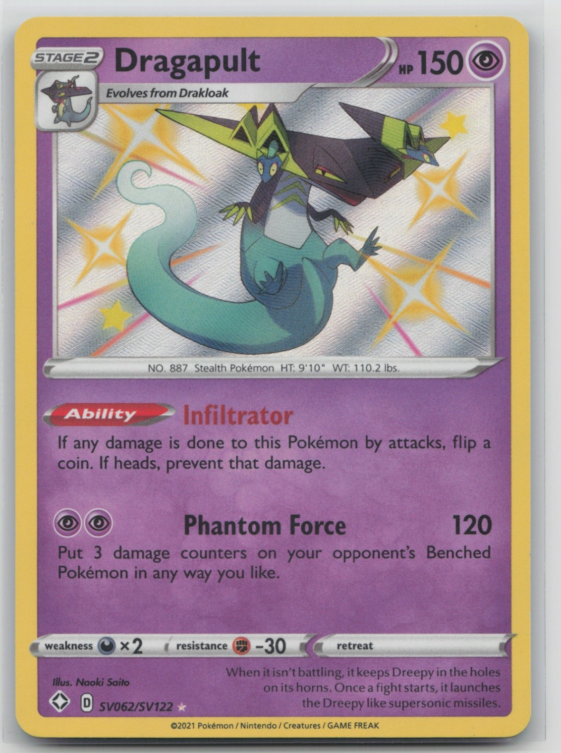 Pokemon Card Dragapult Shiny Holo Rare Shining Fates: Shiny Vault SV062/SV122