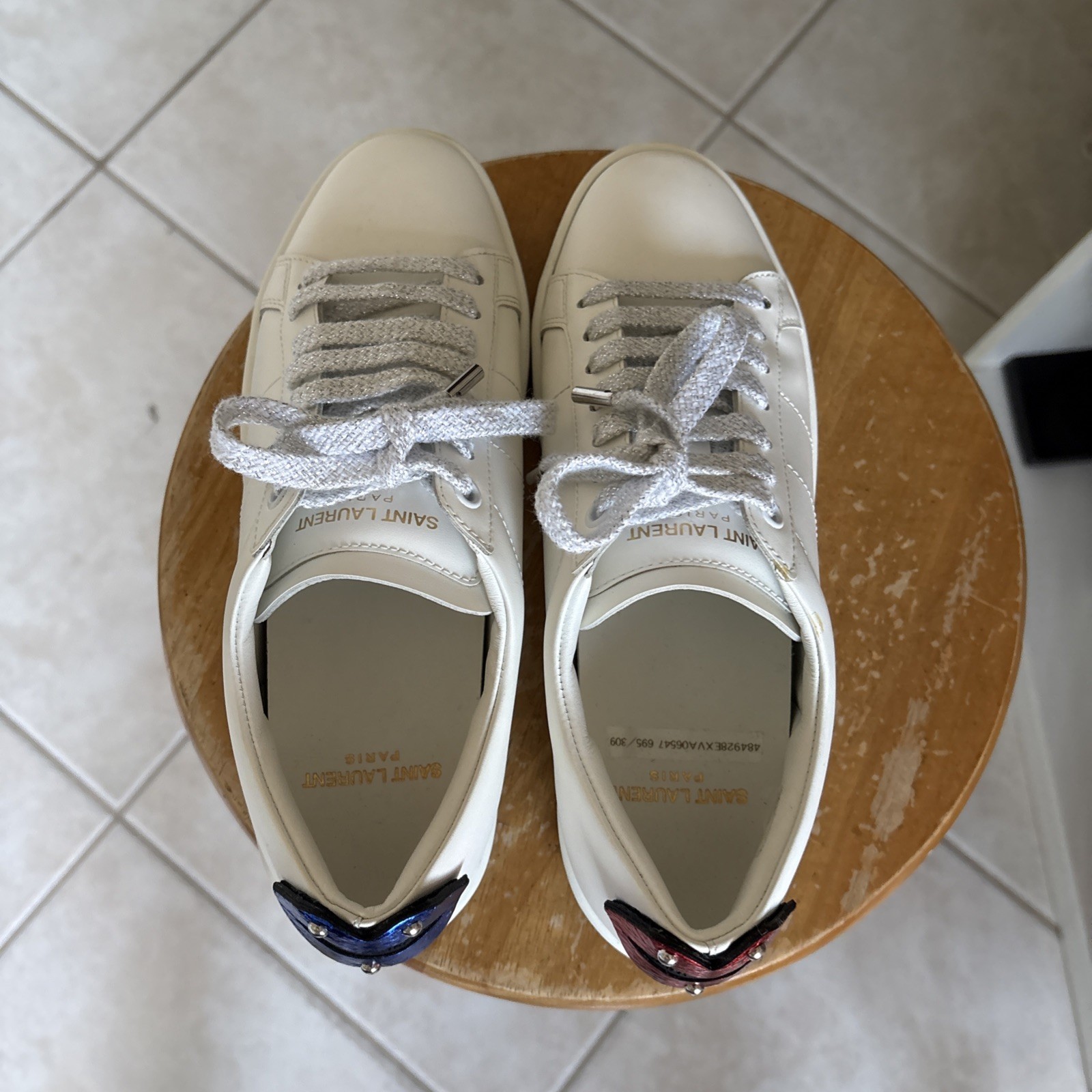 Saint Laurent DE 484928 Sneakers Bianco Pelle Blu Rosso Labbra Schienale Donna Tg 36