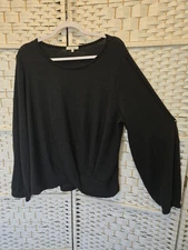 Womens Pleione Solid Black Waffle Knit Top Twist Hem Soft & Stretchy