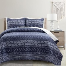 Hygge Geo Pattern Striped 3 Piece Bedding Set Full/Queen Navy Quilt