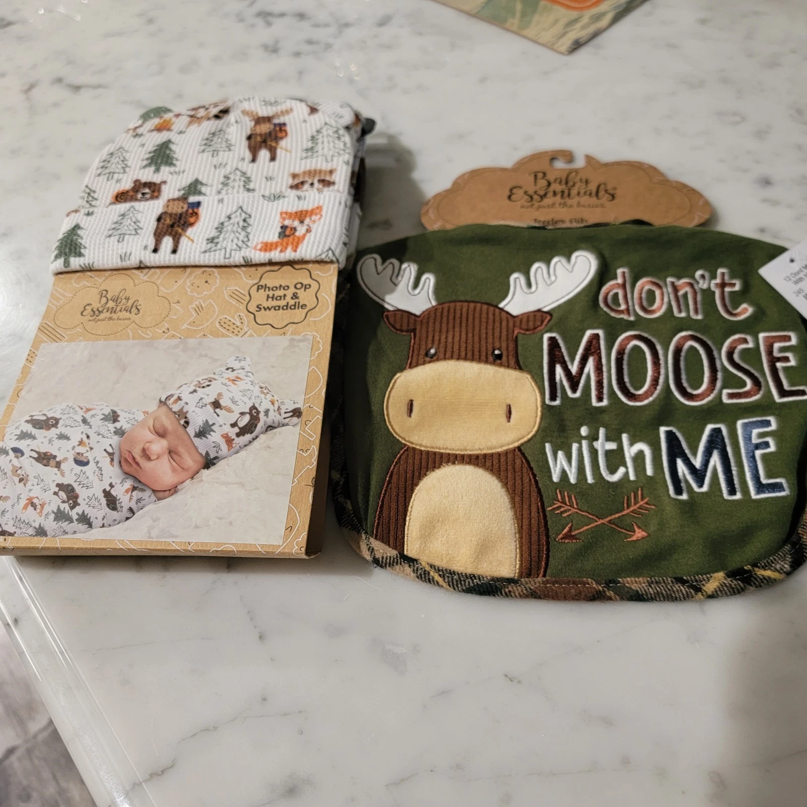 baby nwt woodland hat, swaddle and bib set new with tags