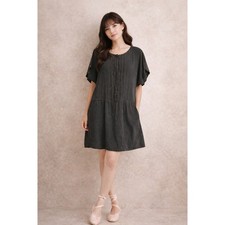 Athe Vanessa Bruno Black Silk Pintuck Eyelet Lace Drop Waist Dress EU40  US 8-10