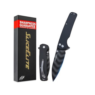 SliceElite Tiger Shadow Folding Knife D2 Steel 3.5 Inch Drop Point Blade Blac...