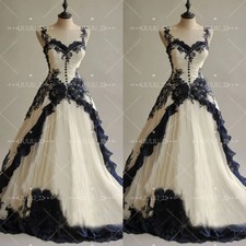 Gothic White and Black Wedding Dresses V Neck Ruffly Lace Applique Bridal Gowns