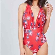 NEW ModCloth The Lauren Red One-Piece Swimsuit sz S Small Floral Plunging