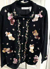 Victoria Jones Sz M Black Ugly Christmas Cardigan Sweater Embroidered appliqu 