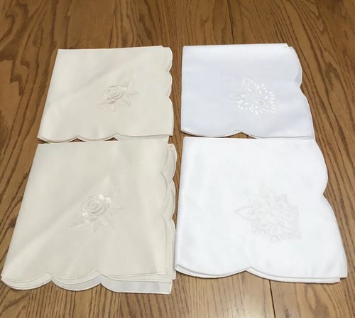 2 Pair Ecru White Embroidered Cutwork Dinner Napkins 21x21 Heavy Satin Fabric - Picture 1 of 8
