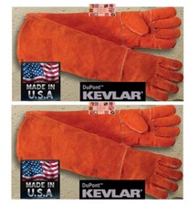2 PAIR ANIMAL HANDLING GLOVES Long Arm LEATHER with KEVLAR Dog Cat Bird Reptile