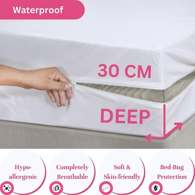VOLLSTÄNDIG mit Reißverschluss wasserdichte Matratzenabdeckung tief Anti-Bug-Schutz 4 Fuß Double King