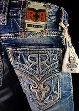  220 Mens Rock Revival Jeans "Garrie" Thick Leather Inserts Slim Boot 32 X 29