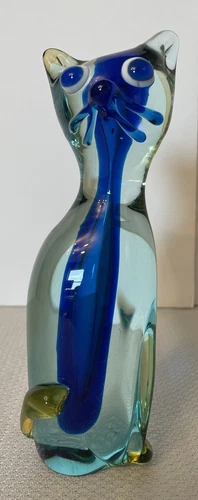 Murano Tall Cat Art Glass Figurine 7” - Green/Blue/Yellow