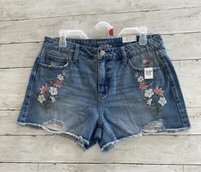 Time and Tru Women's High Rise Frayed Hem Denim Shorts Floral Trim Size 10 NWT