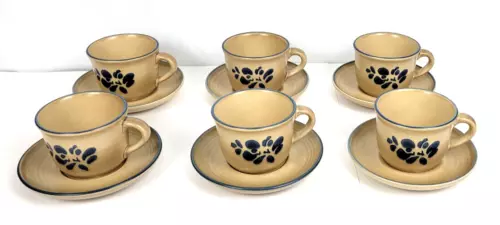 Set of 6 Pfaltzgraff Folk Art Stoneware Tan & Blue 8 oz. Coffee Cups & Saucers