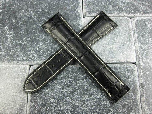 19mm Black Leather Deployment Strap White Stitch Watch Band OMEGA Seamaster x1 - Picture 3 of 5