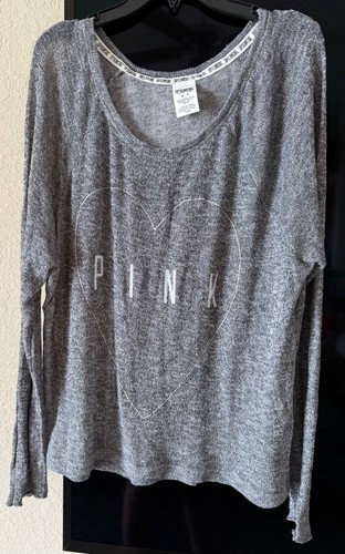 Victoria's Secret PINK Knit Sweater Women's Size M Medium Light Gray Blue Logo