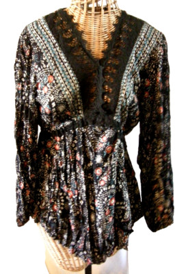 Ladies Blouse By Angie, Black Pasiley W/Crocheted Lace, Size Large, L/S, New