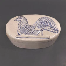 Prestige Place Blue Rooster Folk Art Pottery Covered Dish Oval Trinket Box