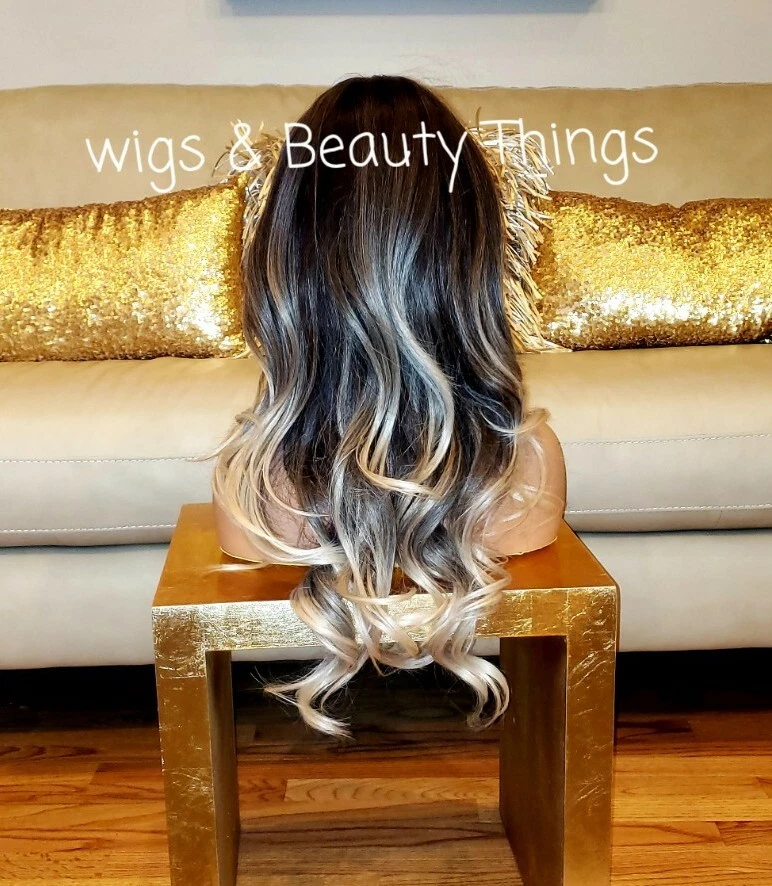 Peluca Balayage - Mezcla de cabello humano rubio platino negro arco iris multicolor Foto 3 de 3