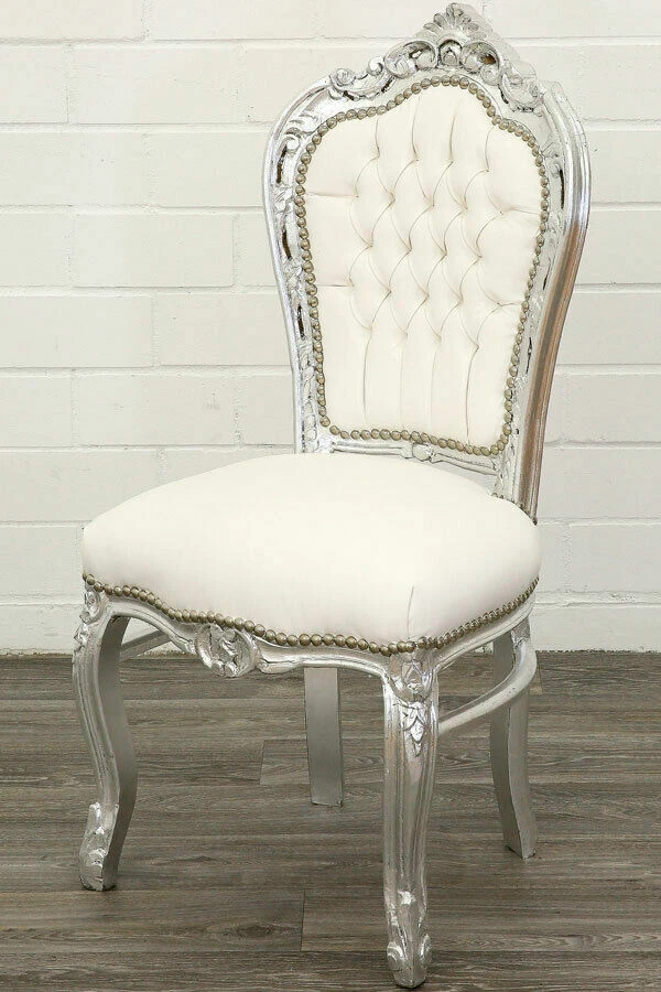 Poltrona Sedia FOGLIA ARGENTO tessuto eco-pelle bianco stile barocco SILVER oro - Immagine 4 di 4
