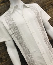 Men Mexican Guayabera Wedding Shirt White Linen Silver Embroidery Short Sleeve