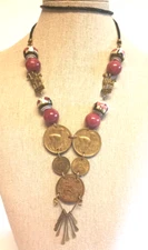 Vtg Brass Tone Necklace Peruvian Coins Liama Leather Cord Pottery Beads