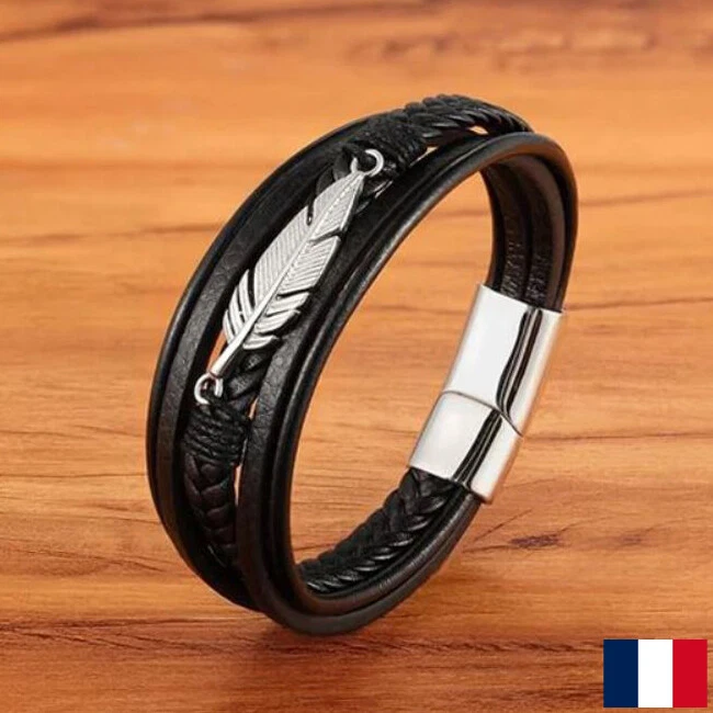 Bracelet homme cuir & corde noir avec motif plume argenté