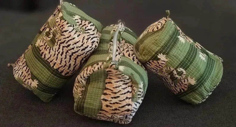 Green Tiger Toiletry Bag Indian Cotton Quilted Toiletry Cosmetic Purse of 3 Pcs