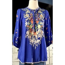 Johnny Was Taifa Embroidered Blue Whimsical Blouse Top Small S