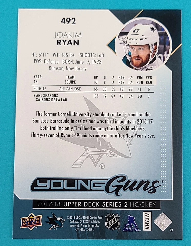 2017-18 Upper Deck RC #492 Joakim Ryan San Jose Sharks HOCKEY Card U8 - Image 2 of 2