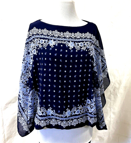 Casual Express Womens Poncho Sheer Navy Blue Bandana Print Blouse Top Sz. M
