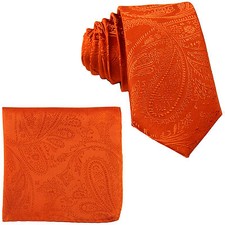 New Men's 2.5" skinny polyester Woven necktie  hankie set paisley orange prom